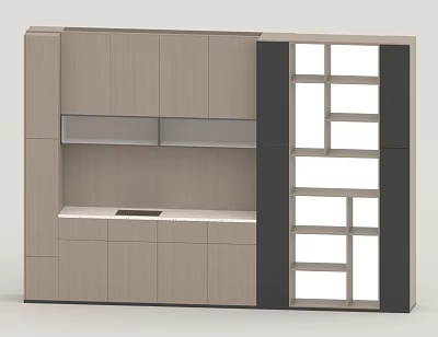 Modern Light Wood Kitchen Cabinets With White Countertop And Glass Shelves 3d model