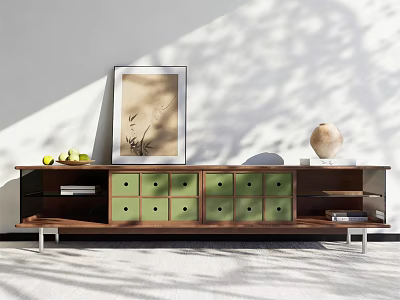 Modern Wooden TV Stand with Green Drawers Metal Legs Framed Artwork and Fruits 3d model