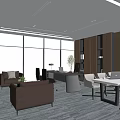 Modern Office Interior Design With Large Windows Leather Sofa Meeting Table And TV Screen 3d model