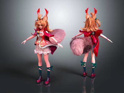Anime Character With Red Horns Long Brown Hair Red Pink Outfit And Fox Tail Features 3d model