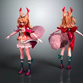 Anime Character With Red Horns Long Brown Hair Red Pink Outfit And Fox Tail Features