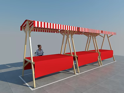 Red Retail Display Stands Featuring Wooden Frame And Red And White Striped Canopy 3d model