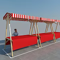 Red Retail Display Stands Featuring Wooden Frame And Red And White Striped Canopy