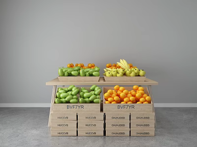 Organized Display Shelves with Fresh Fruits and Crunchy Vegetables in Wooden Crates 3d model