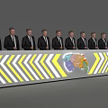 Men in Suits Standing Behind Long Table With World Map and Yellow White Stripe Decor