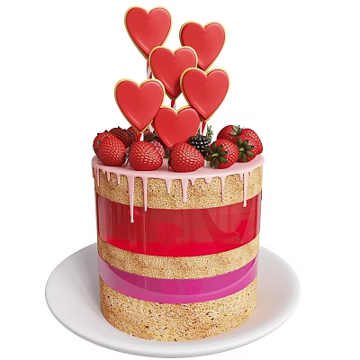 Layered Pink And Red Cake With Fresh Strawberries Blackberries And Heart Shaped Toppings 3d model