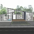 Modern Detached House With Large Glass Windows And Wooden Deck Surrounded By Green Trees