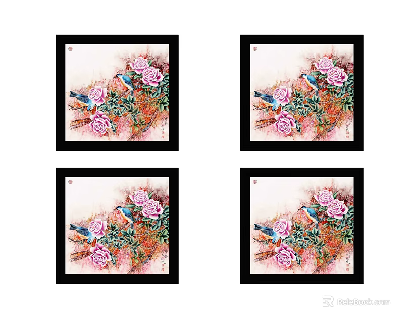 Four Botanical Paintings In Black Frames Featuring Pink Flowers Green Leaves And Birds 3d model 