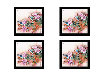Four Botanical Paintings In Black Frames Featuring Pink Flowers Green Leaves And Birds 3d model