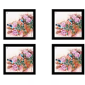 Four Botanical Paintings In Black Frames Featuring Pink Flowers Green Leaves And Birds