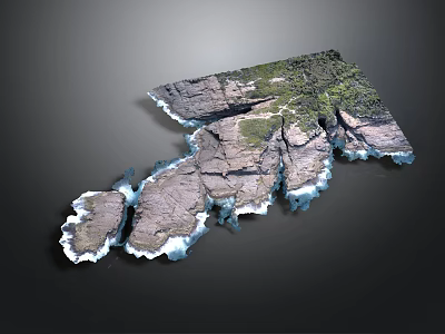Detailed Rocky Terrain 3D Model With Green Vegetation And Blue Edge Surface 3d model