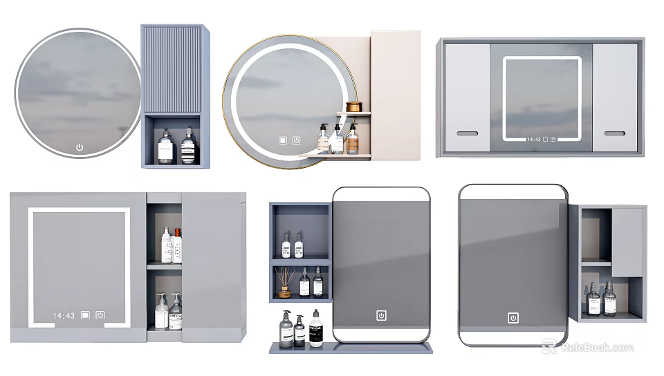Bathroom Mirror Designs Featuring Storage Shelf And Bottles In Various Styles 3d model 