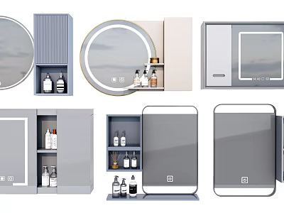 Bathroom Mirror Designs Featuring Storage Shelf And Bottles In Various Styles 3d model
