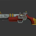 Vintage Metal Cannon Weapon Featuring Red Yellow Accents And Rustic Decorative Details