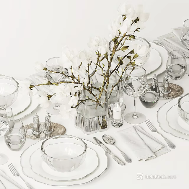 Elegant Tea Set With White Flowers Vase Glassware Plates Napkins And Cutlery On Dining Table 3d model 