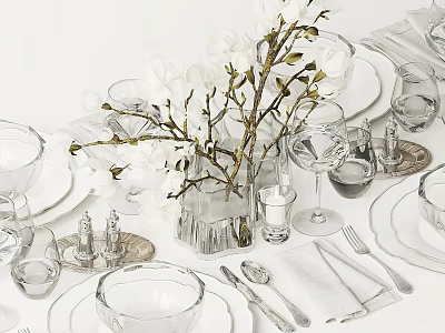 Elegant Tea Set With White Flowers Vase Glassware Plates Napkins And Cutlery On Dining Table 3d model