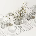 Elegant Tea Set With White Flowers Vase Glassware Plates Napkins And Cutlery On Dining Table