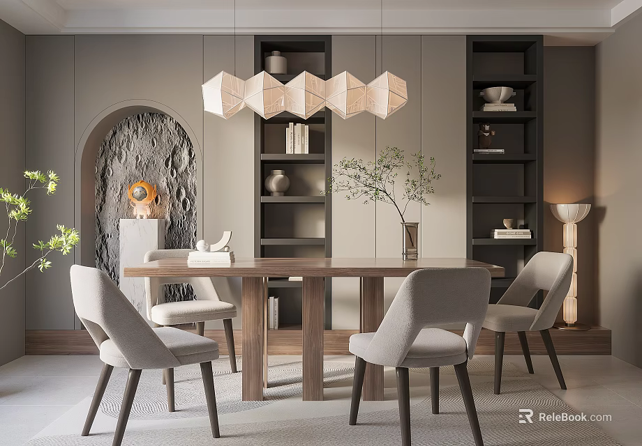 Modern Restaurant Interior With Wooden Dining Table Light Gray Chairs And Geometric Pendant Lights 3d model 