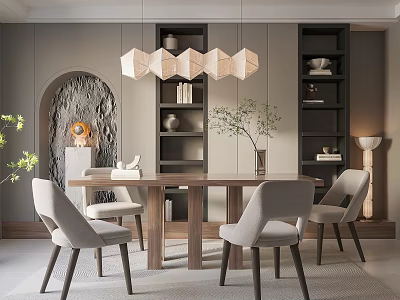 Modern Restaurant Interior With Wooden Dining Table Light Gray Chairs And Geometric Pendant Lights 3d model