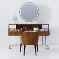 Minimalist Wooden Dressing Table with Round Silver Mirror Lamp Skincare Bottles Green Plant and Chair