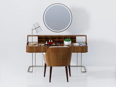 Minimalist Wooden Dressing Table with Round Silver Mirror Lamp Skincare Bottles Green Plant and Chair 3d model