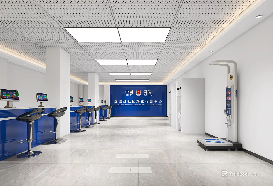 Comprehensive Service Hall With Service Windows Self Service Terminals Clear Signage And Bright Ceiling Lights 3d model 