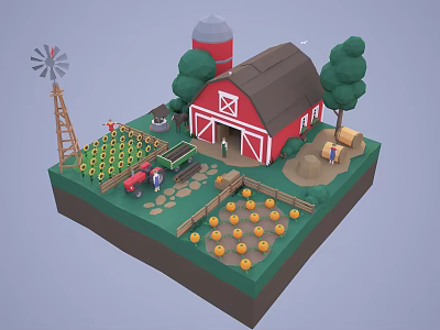 Cartoon Farm Scene With Red Barn Windmill Pumpkin Patch Trees Hay Bales And Path 3d model