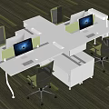 Modern Office Workstation Desk With Multiple Computer Monitors White Surface And Rolling Chairs 3d model