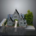Gothic Style Stone Building With Pointed Gabled Roofs Chimneys Front Pathway And Side Tree
