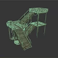 Wooden Elevated Platform Structure With Multiple Staircases And Layered Railings