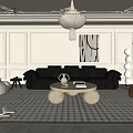 Modern Living Room Interior With Dark Gray Sofa Round Coffee Table And Patterned Rug 3d model