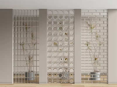 Grid Circular Cutout and Brick Pattern Room Dividers in Modern Interior with Potted Plants 3d model
