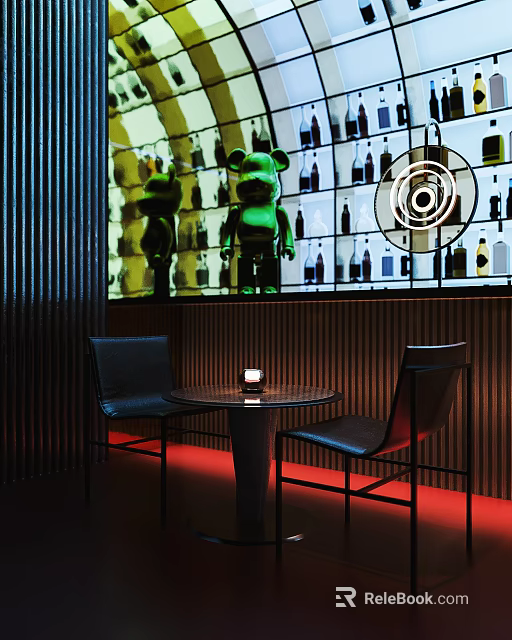 Bar Interior Featuring Wine Bottle Display Green Cartoon Doll Round Table Black Chairs Red Lighting 3d model 