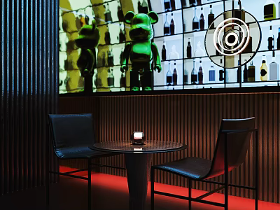 Bar Interior Featuring Wine Bottle Display Green Cartoon Doll Round Table Black Chairs Red Lighting 3d model