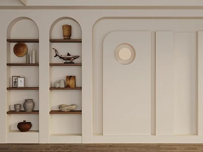 Modern Minimalist White Arched Wine Cabinet With Shelves And Decorative Items 3d model