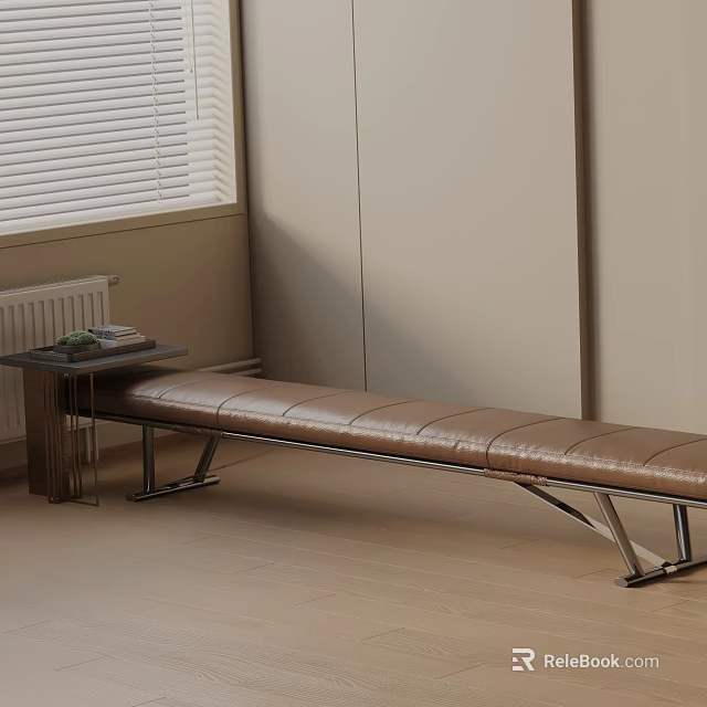 Stylish Modern Brown Leather Upholstered Shoe Bench With Metal Frame For Entryway 3d model 