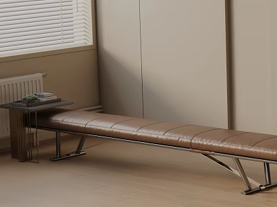 Stylish Modern Brown Leather Upholstered Shoe Bench With Metal Frame For Entryway 3d model