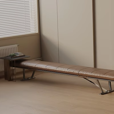 Stylish Modern Brown Leather Upholstered Shoe Bench With Metal Frame For Entryway 3d model
