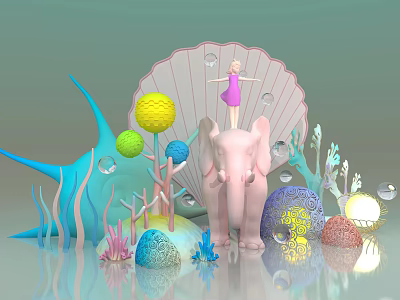Enchanting Art Installation With Pink Elephant Girl Standing On Large Seashell And Colorful Spherical Decorations 3d model