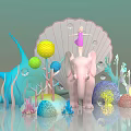 Enchanting Art Installation With Pink Elephant Girl Standing On Large Seashell And Colorful Spherical Decorations