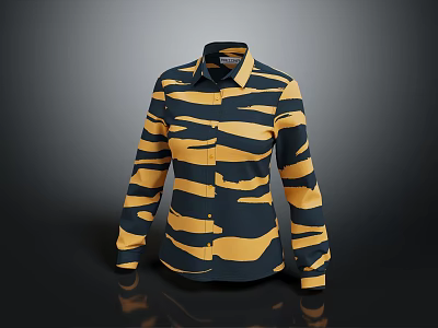 Collared Long Sleeve Shirt With Dark Blue And Yellow Striped Pattern 3d model