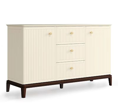 Classic White Sideboard With Vertical Slats Drawers Cabinets And Dark Wooden Legs 3d model