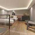 Modern Hotel Guest Room With Gray Sofa Armchair TV Staircase Plant And Wall Art