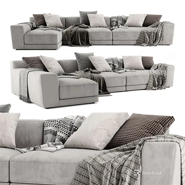 Comfortable Sectional Sofa With Multiple Plush Pillows And Soft Blankets Modern Design 3d model
