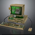 Retro Electronic Computer With Decorative Monitor Keyboard Mouse And Cartoon Screen