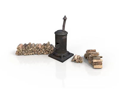 Vintage Cast Iron Stove With Stacked Firewood For Rustic Household Essentials 3d model