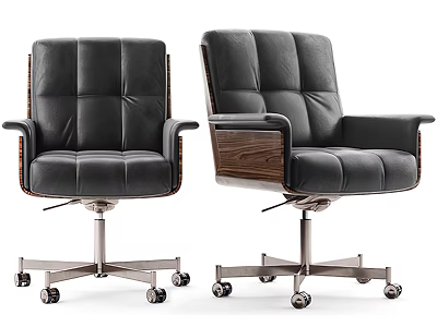 Black Leather Office Chair With Stitched Design Wooden Armrests And Metal Base With Wheels 3d model