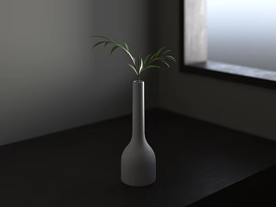 White Ceramic Vase With Green Leaves On Dark Wooden Table In Natural Light 3d model
