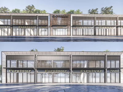 Modern Commercial Street With Storefronts Glass Windows And Wooden Metal Facades 3d model