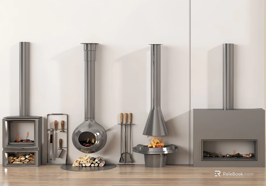 Modern Metal Fireplaces With Various Styles Fire Tools And Wood Logs 3d model 